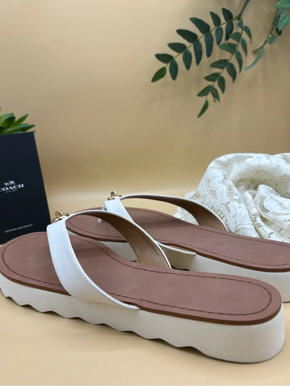 Coach White Leather Thong Sandals with Brown Footbed and Gold Logo